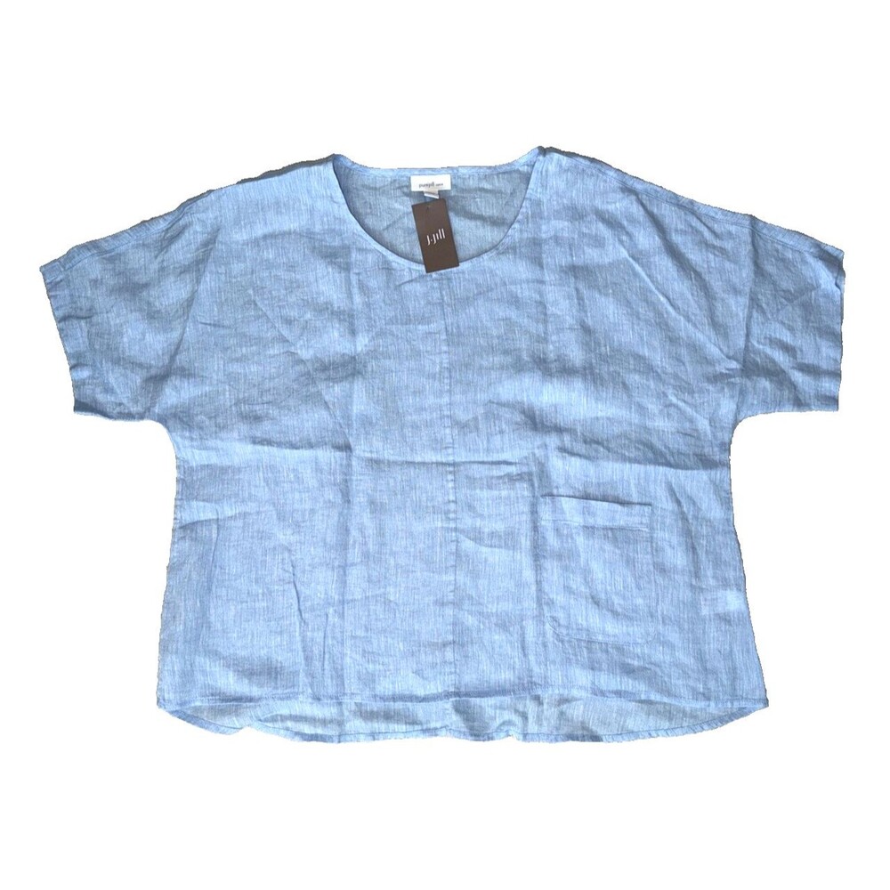 Pure Jill Linen Blouse Top Shirt M Petite Short Sleeve Lightweight Blue NWT Boho